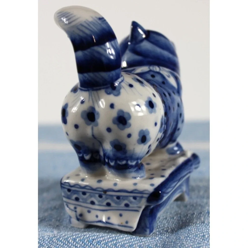 Gzhel Cat Porcelain Cobalt Blue & White Cat in clothing signed Chernovi